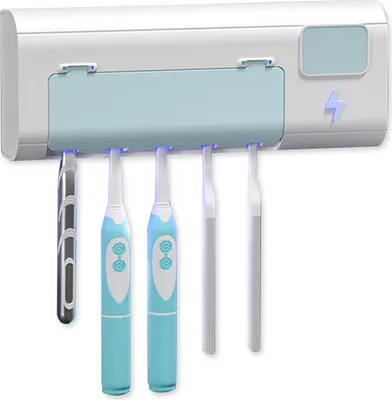 Obrázek produktu pro UV dezinfekce zubních kartáčků držák zubních kartáčků na stěnu se sterilizátorem a časováním USB nabíjení UV organizér zubních kartáčků čistič 1500mAh pro ženy dítě rodina