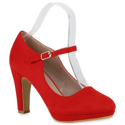 Produktbild von Mytrendshoe Damen Pumps Mary Janes Blockabsatz High Heels Plateau Vorne Schuhe 814325, Farbe: Rot Beige, Größe: 38