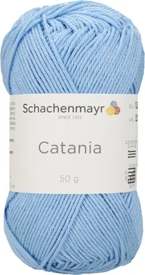 A ball of light blue yarn with a label.
