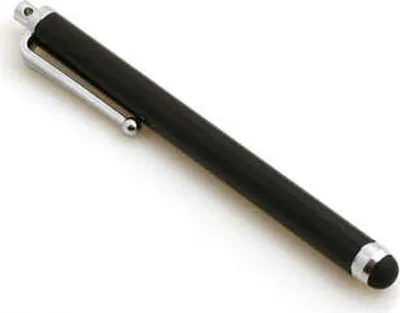 A black stylus pen with a silver clip and tip is shown against a white background.