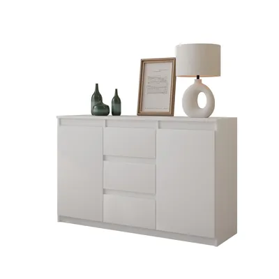 Produktbild von Kommode 120 cm Weiß Matt, 3 Schubladen, 2 Türen, 2 Einlegeböden, Wohnzimmer