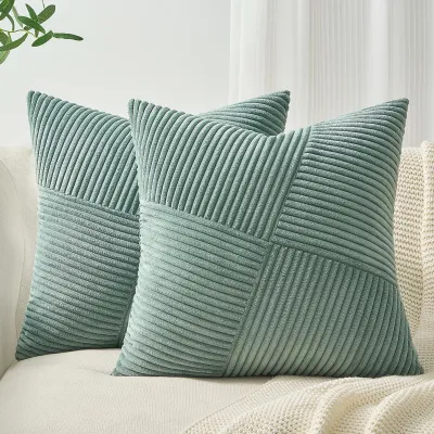 Produktbild von Kissenbezug 40x40 cm, graugrüner Cord, 2-teiliges Set mit Windmühlenstreifen-Motiv, Dekokissen, Sofakissen, Patchwork-Design, Wohnzimmer, Bett, Schlafzimmer, Sofa