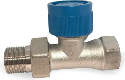 A close-up studio shot of a single plumbing valve with a blue cap.