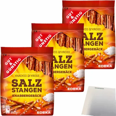 Produktbild von Gut & Günstig Salzstangen Knabbergebäck Knackig & Cross mit Meersalz 3er Pack (3x250g Packung) + usy Block