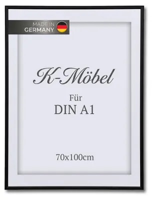 Produktbild von K-Möbel Aluminium Bilderrahmen A1 mit Passepartout -  Germany - Bilderrahmen 70x100 schwarz - Passepartout aus 100% Alphazellulose in Museumsqualität  - schwarzer rahmen - Aluminium Profil