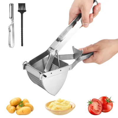 Produktbild von Kartoffelstampfer aus Edelstahl mit Schäler-Reinigungsbürste, Kartoffelpresse, Obst- und Gemüsepresse, manueller Lebensmittelstampfer, Küchenhelfer