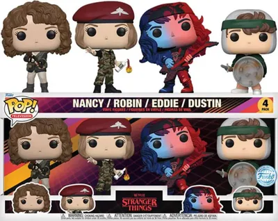 A product shot of a 4-pack of Funko Pop! figures from Stranger Things, displayed in their original packaging.