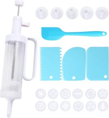 Produktbild von Unyqoos® 23-teiliges Tortendekor-Set – Kekspresse & Spritzbeutel mit 6 Tüllen, 12 Schablonen, Spatel & Schaber für Kuchen, Cupcakes, Kekse