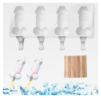 Produktbild von Silikonform für Penis-Eis am Stiel, 4 Hohlräume mit Sticks, hitzebeständig und wiederverwendbar