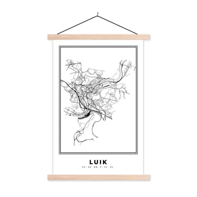 Produktbild von MuchoWow® Textilposter Belgien - Lüttich - Stadtplan - Karte - Schwarz und weiß - Karte 40x60 cm mit holzfarbenen Rahmen - Poster