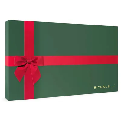 A green gift box with a red ribbon and bow, and the brand name 'Rituals' printed in gold.
