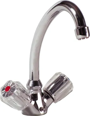 A close-up studio shot of a chrome faucet with clear acrylic handles.