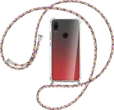 Produktbild von Handykette Backcover-Schutzhülle mit Band (Metall silberfarben) für Xiaomi Redmi 7 - rosa Karo
