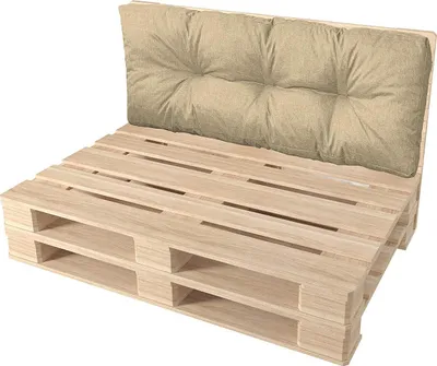 A pallet sofa with a beige cushion on a white background.