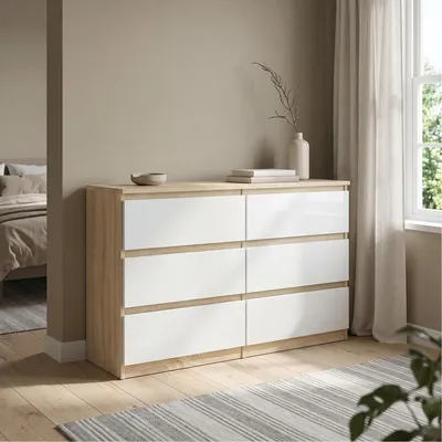 Produktbild von Masseno Kommode NUDO 138,5 cm Sideboard mit 6 Schubladen und  Türen für Wohnzimmer Schlafzimmer Modern 138,5x39x78,5 cm Sonoma Eiche / Weiß