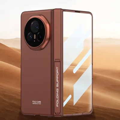 A folded smartphone case with a stand, set against a desert-like background.