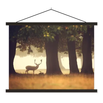 Produktbild von MuchoWow® Textilposter Hirsche - Bäume - Wald 120x90 cm mit schwarzem Rahmen - Aufhänger für Poster