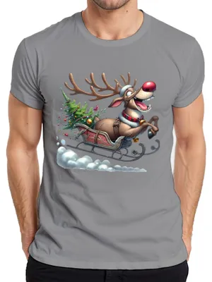 Zdjęcie produktu dla Rudolph Reindeer Sleigh Christmas Tree Bells Cartoon Śmieszna koszulka męska, szary, M