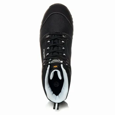 A top-down view of a black safety boot.