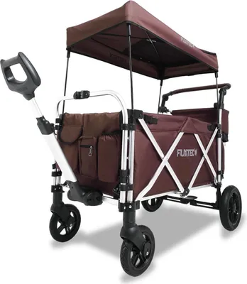 Produktbild von FUXTEC Premium Bollerwagen Braun FX-CTL950 - mit Dach | bis 75Kg | Innenraumverlängerung | 5-Punkt-Gurt | Teleskop-Zugstange | 130cm x 67cm x 116cm Braun
