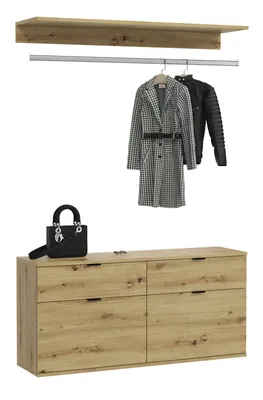 Produktbild von Garderobe Set 3-teilig "Line-Up" Eiche Kommode und Kleiderstange 121 cm