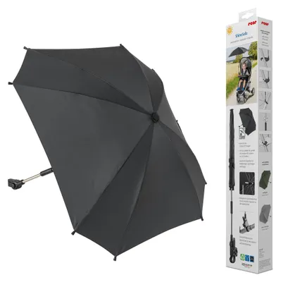 Produktbild von reer ShineSafe Kinderwagen-Sonnenschirm, UV-Schutz UPF 80+, universal passend, aus 100% rPET-Pongee, Farbe: Schwarz