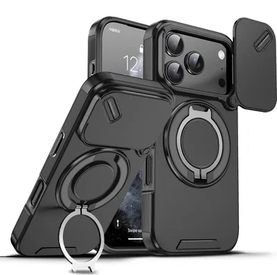 Produktbild von Handyhülle für iPhone 17 Pro Dual-Layer Stoßfest Militär Hülle mit Dia Kameraschutz und Magnetisch Ring Ständer Schwarz
