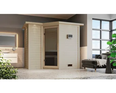 Produktbild von Massivholzsauna Karibu Melanit 2 ohne Ofen mit Dachkranz und graphitfarbiger Ganzglastüre