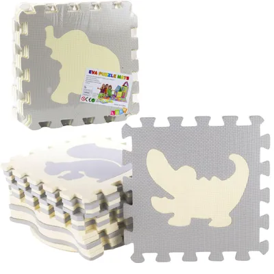 Image de Tapis éducatif puzzle doux animaux mousse Eva beige gris 9 pièces.