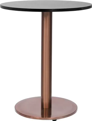 A product shot of a round bistrot table base with a bronze-colored pedestal and base, and a black tabletop.