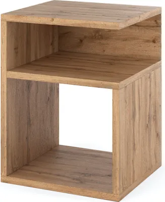 A single, modern, wooden nightstand with two open shelves, shown from a front-side angle against a white background.