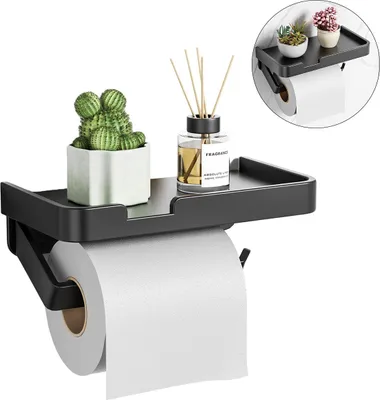 Produktbild von Badezimmer Papierhalter Wandmontage, Schwarz Aluminium, Moderne Nordic Optik, Papierrolle & Ablagefläche, Badezimmer Organizer