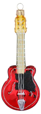 Rote E Gitarre mit schwarzen und silbernen Details als detailreicher Christbaumschmuck aus Glas für Musikfans 15cm