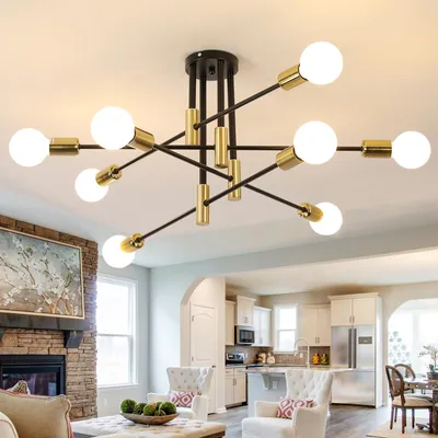 Image de Suspension Toolight, 8 lumières, dorée et noire, culot E27, diamètre 90 cm, idéale pour la cuisine. (8 lumières, noire)