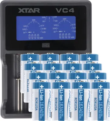Produktbild von CR123 A Li-Ion Akku mit 3,7 Volt, 850mAh 16 Stück und LCD-Schnell-Ladegerät