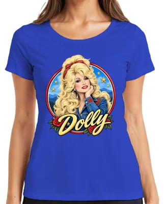 Obrázok produktu pre Dámske tričko s potlačou Dolly Parton, speváčky country hudby, legenda, westernový štýl, modrá farba, veľkosť L