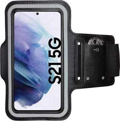 A black armband with a clear window for a smartphone, showing a phone screen with text.