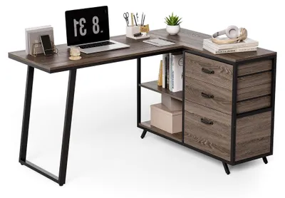 Produktbild von L-förmiger Schreibtisch mit 3-stöckigem Schubladenschrank, 135 cm umkehrbar, für das Homeoffice, grau