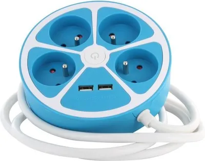 Zdjęcie produktu dla Listwa Zasilająca CHACON Design Okrągły, 4 Gniazda 16A, Kabel 1.5m, 2 USB-A, Wyłącznik, Niebieska