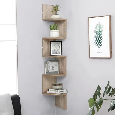 Produktbild von Eckregal - Wandregal mit 5 Ebenen - Schwebendes Regal - Platzsparend für Küche Wohnzimmer Schlafzimmer - Eiche