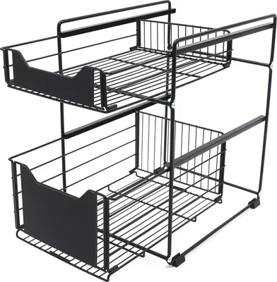 Obrázek produktu pro Úložný regál - Organizér pod umyvadlo - 2 úrovně - 2 zásuvky s koši - Do kuchyně a koupelny - Černý