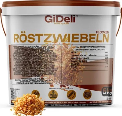 Image de Oignons rôtis croustillants, 5 kg. Idéal pour les burgers, les hot-dogs, les frites et comme condiment. Marque : GiDeli