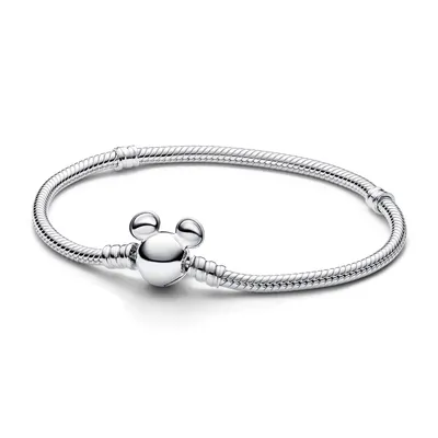 A silver bracelet with a Mickey Mouse clasp on a white background.
