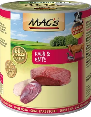 Produktbild von MAC's DOG KALB & ENTE, Adult, jede Rasse, Ente, Kalbsfleisch, 800 g, Getreidefrei