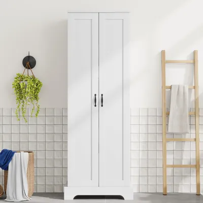 Produktbild von Flieks Hoher Badezimmerschrank mit Doppeltüren, vier Ablageflächen, verstellbaren Einlegeböden, Standschrank, Holzschrank 56x40x170cm, Weiß