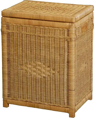 A wicker laundry basket with a lid.