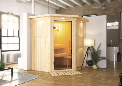 Produktbild von Karibu Sauna Innensauna Tonja Eckeinstieg ohne Zubehör 184x165x202 cm mit Dachkranz  mit Klarglastür