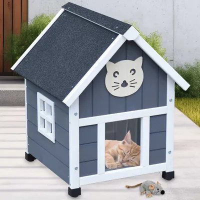 Produktbild von zooprinz Katzenhaus Tiger XXL mit Plüschmaus | Lamellen | Wetterfest | 56x46x66cm | Massivholz