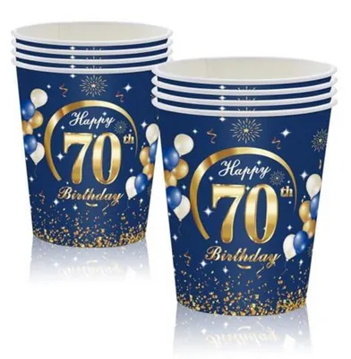 Zdjęcie produktu dla Kubeczki papierowe, 70. urodziny, 16 sztuk, niebiesko-złote, 250 ml, dekoracja na imprezę