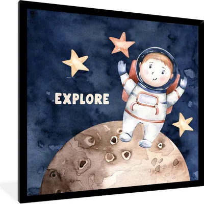 Produktbild von MuchoWow® Gerahmtes Poster Sprichwörter - Zitate - 'Erforschen' - Astronaut - Jungen - Mädchen - Kinder 40x40 cm - Poster mit Schwarzem Bilderrahmen Wandposter Rahmen Foto Bilder - Mit Rahmen - Wanddekoration Schlafzimmer